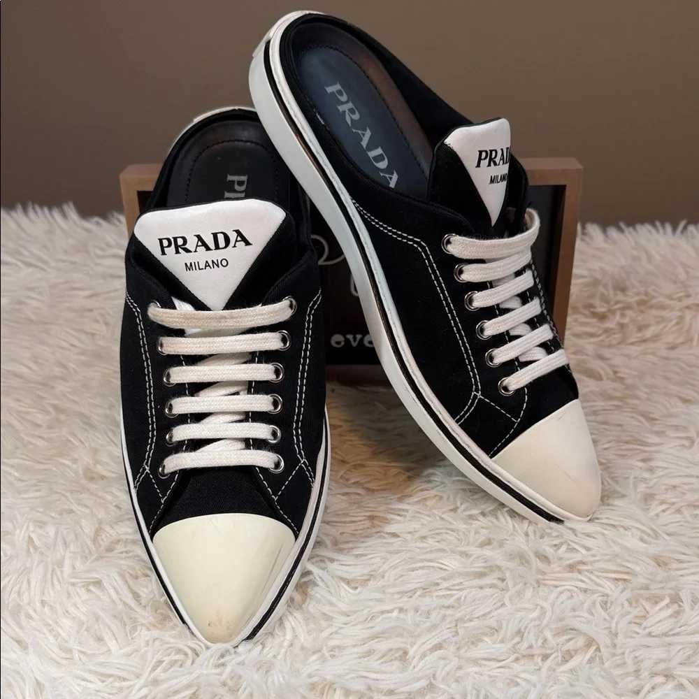 Prada Milano Canvas Sneakers Made in Italy Size 7 Slip-On Mule Style - Picture 1 of 9